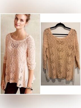 Anthropologie Open Knit Sweater Blush Pink Boho Chunky Crochet Pullover Size M